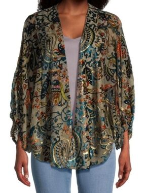 World Market Velvet Burnout Floral Kimono Taupe Multicolor Boho One Size